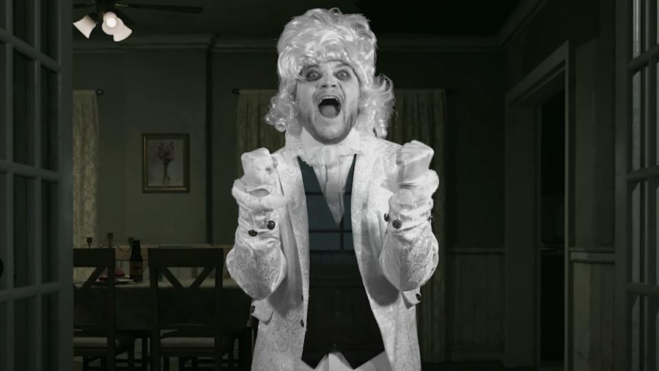 Nick Lutsko dressed as a 19th century ghost in all white from his video for "A Ghost Story"