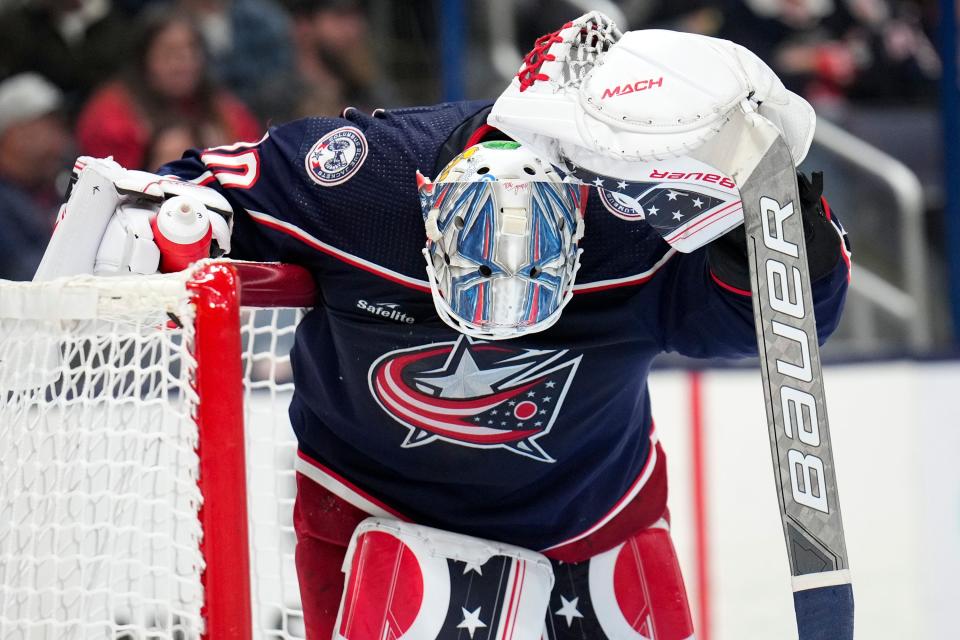 Oct 22, 2022; Columbus, Ohio, USA;  Columbus Blue Jackets goaltender Elvis Merzlikins (90) hangs his head after letting the Pittsburgh Penguins score a goal during the second period of the hockey game between the Columbus Blue Jackets and the Pittsburgh Penguins at Nationwide Arena. Mandatory Credit: Joseph Scheller-The Columbus Dispatch