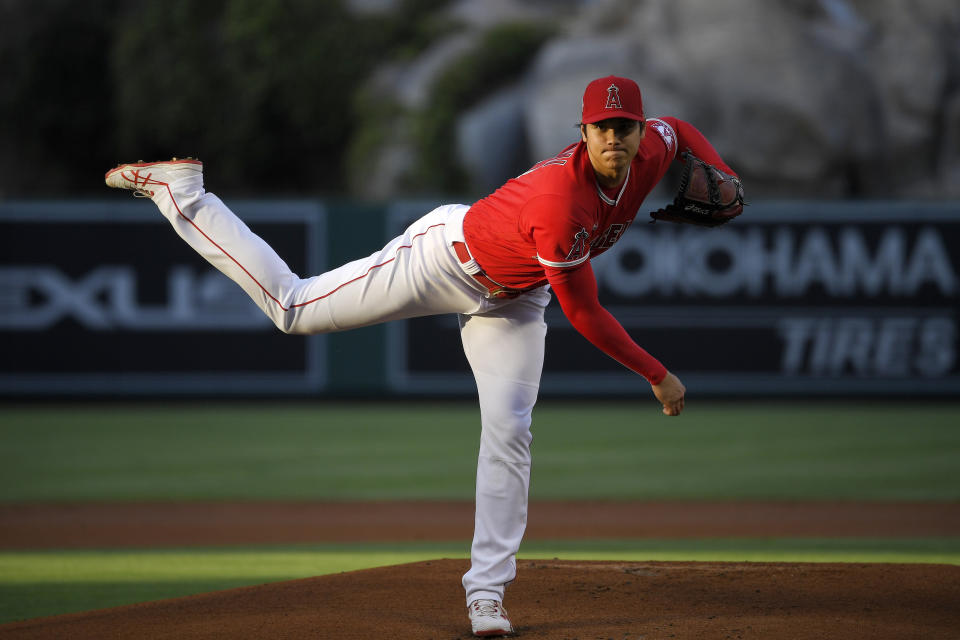 洛杉磯天使大谷翔平擔任先發投手。（AP Photo/Mark J. Terrill）