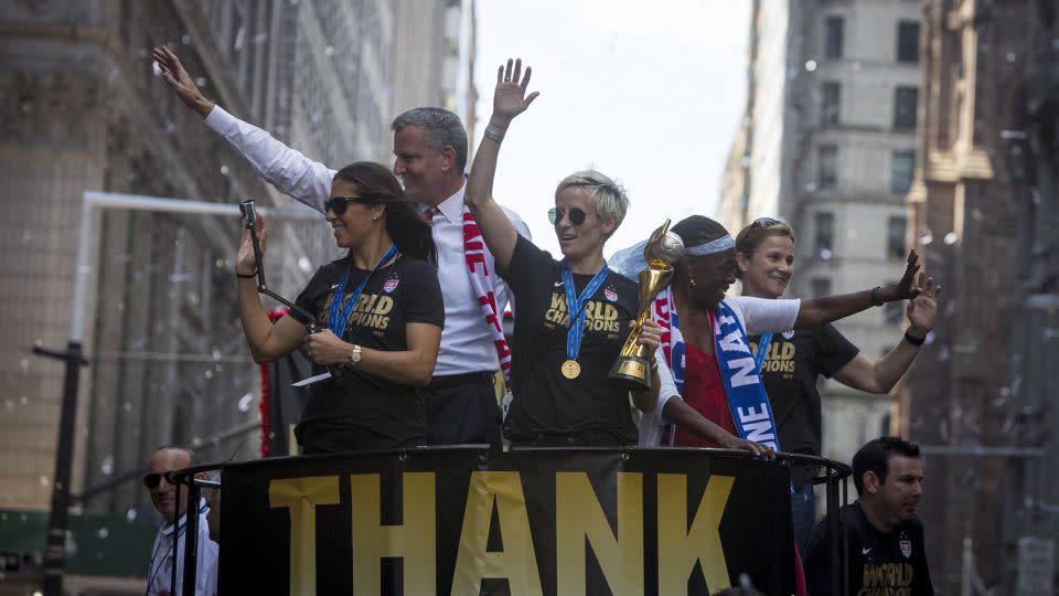 The U.S. women's soccer team during the ticker tape parade to celebrate their World Cup final win over Japan. Lloyd is pictured left. - Andrew Kelly/Reuters