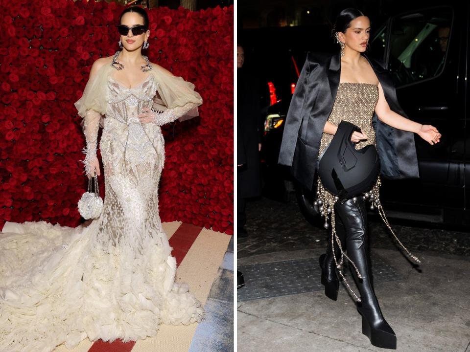 Rosalía at the 2022 Met Gala (left) and the musician at the after-party (right).