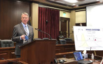 FILE - In this Monday, Oct. 26, 2020, file photo, Gov. Brad Little speaks during a news conference in the Statehouse in Boise, Idaho, as he ordered a return to some restrictions to slow the spread of the coronavirus. A pair of bills nearing final approval in 2021 would prohibit the Republican governor from declaring an emergency for more than 60 days without legislative approval. (AP Photo/Keith Ridler)