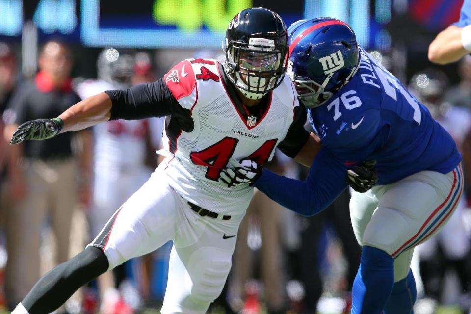 FILE - In this Sept. 20, 2015, file photo, Atlanta Falcons defensive end Vic Beasley Jr. (44) tries to get around New York Giants offensive tackle Ereck Flowers during an NFL game at MetLife Stadium in East Rutherford, N.J. The Falcons play the San Francisco 49ers on Sunday, Dec. 18, 2016. (AP Photo/Brad Penner, File)
