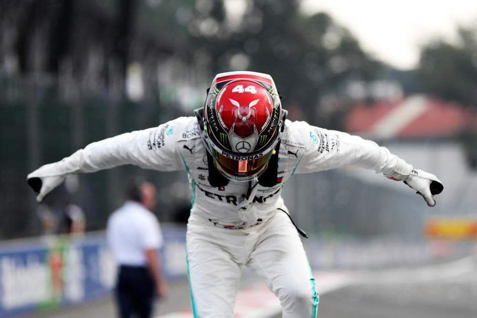 MEXICO CITY, MEXICO - OCTOBER 27: Race winner Lewis Hamilton of Great Britain and Mercedes GP celebrates in parc ferme during the F1 Grand Prix of Mexico at Autodromo Hermanos Rodriguez on October 27, 2019 in Mexico City, Mexico. (Photo by Mark Thompson/Getty Images)