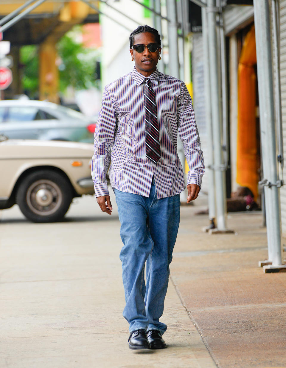 A$AP Rocky seen in New York City. A$AP Rocky black leather dress shoes, NYC street style, dress shoes, A$AP Rocky shoes