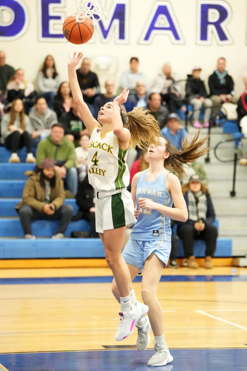 Pascack Valley vs. Mahwah in the Girls Basketball Bergen County Tournament quarterfinals at Northern Valley Regional High School at Demarest on Saturday, February 4, 2023. PV #4 Celina Bussanich drive to the basket. 
