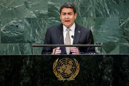 FILE PHOTO: Honduran President Juan Orlando Hernandez Alvarado addresses the 73rd session of the United Nations General Assembly at U.N. headquarters in New York, U.S., September 26, 2018. REUTERS/Eduardo Munoz/File Photo