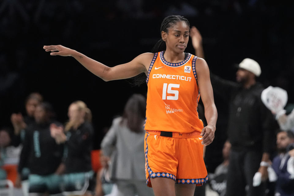 Connecticut Sun guard Tiffany Hayes reacts during the second half of Game 2 of the team's WNBA basketball playoffs semifinal against the New York Liberty, Tuesday, Sept. 26, 2023, in New York. (AP Photo/Mary Altaffer)