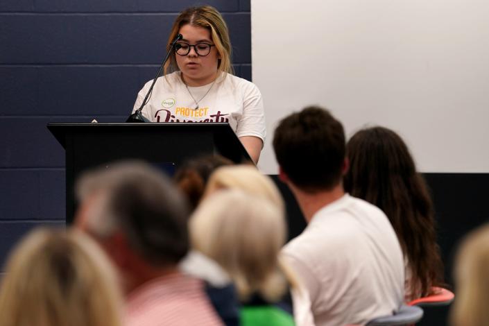 Turpin High School student Hannah Smith speaks during the public comment portion of the Forest Hills School District board meeting, Wednesday, May 18, 2022, at Nagel Middle School in Anderson Township, Ohio. 