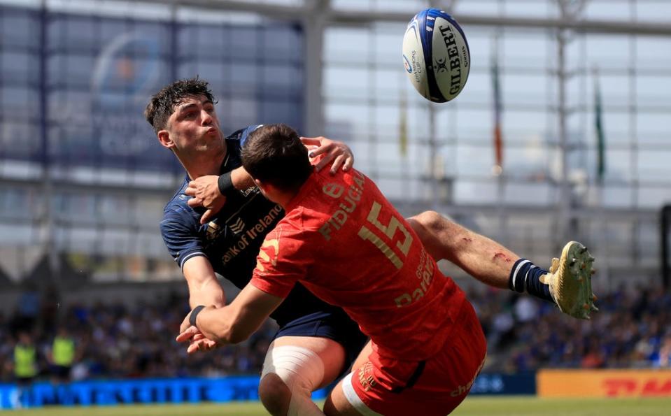 Leinster’s Jimmy O’Brien (left) collides with Toulouse’s Thomas Ramos during the Champions Cup semi-final at the Aviva Stadium in Dublin (Donall Farmer/PA) (PA Wire)