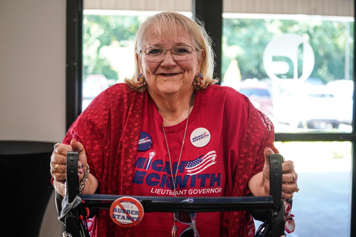 Brenda Ahlers attends a Life Church service on Sunday, June 30, 2024, in Noblesville Ind.