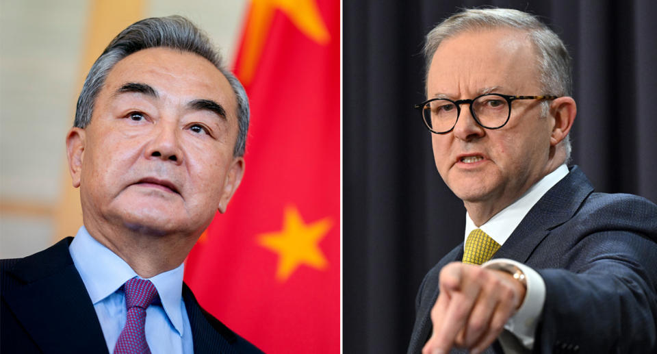  China's Foreign Affairs Minister Wang Yi and Anthony Albanese pointing finger