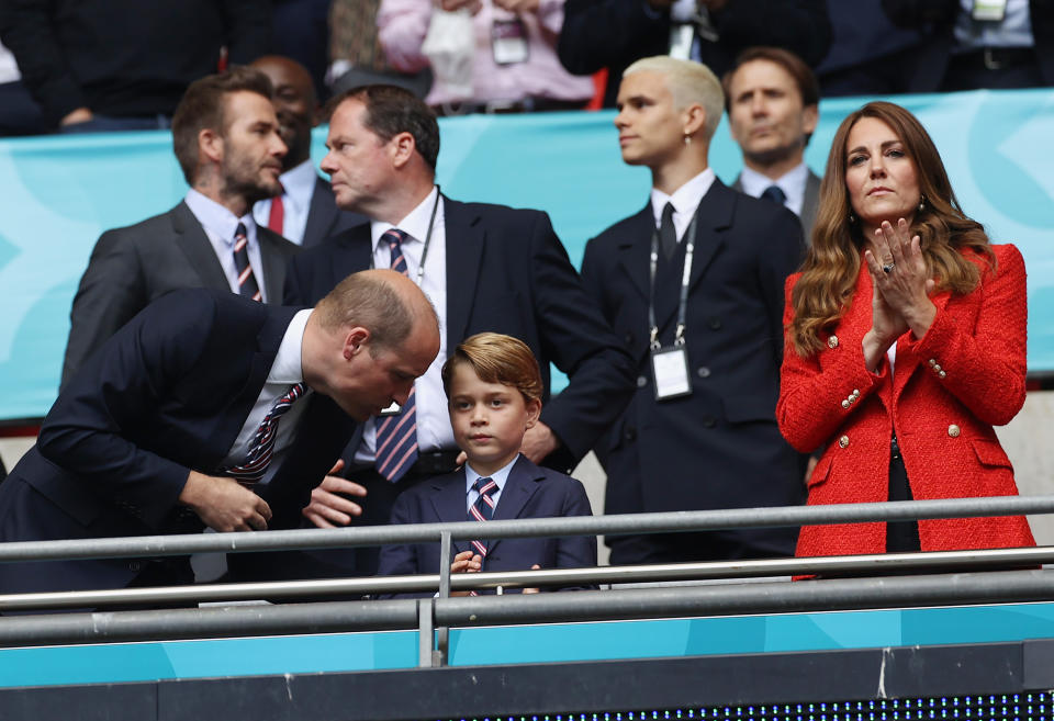 LONDON, ENGLAND - JUNE 29: Prince William, President of the Football Association along with Catherine, Duchess of Cambridge applaud prior to the UEFA Euro 2020 Championship Round of 16 match between England and Germany at Wembley Stadium on June 29, 2021 in London, England. (Photo by Eddie Keogh - The FA/The FA via Getty Images)