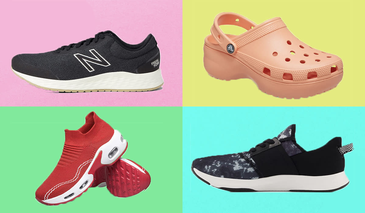 New Balance sneakers, Crocs clogs, red pull-on sneakers and New Balance floral-print sneakers