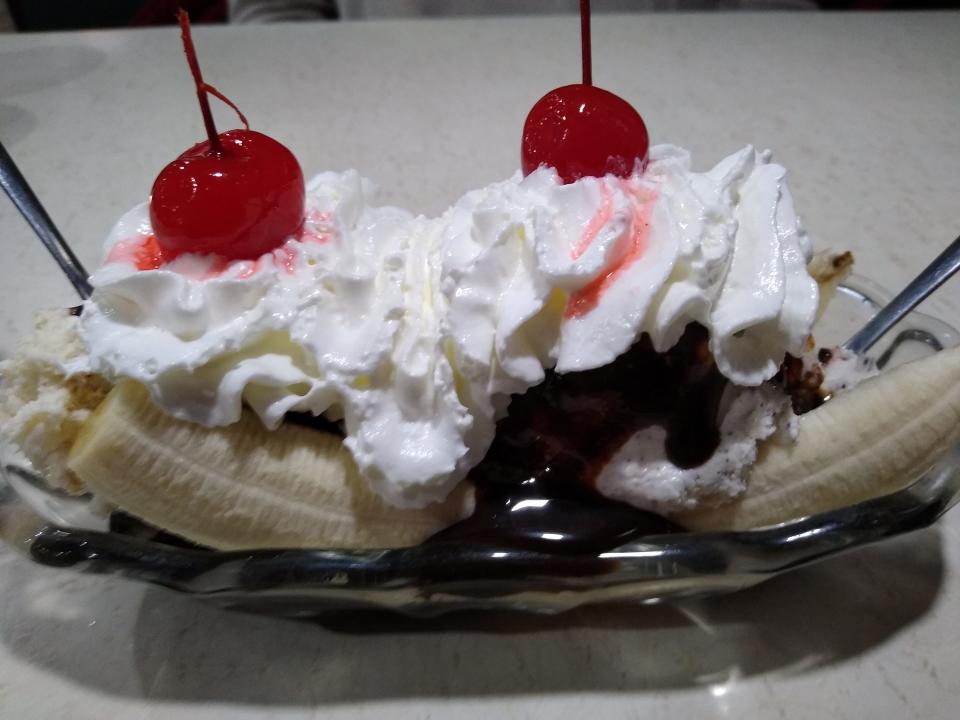 A Cookie Monster banana split is one of the sweet options for dessert at Fa-Ray’s Family Restaurant in Barberton.