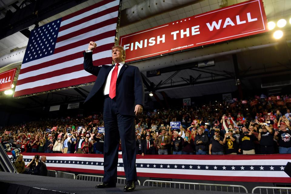 President Donald Trump arrives to speak at a rally in El Paso, Texas, Monday, Feb. 11, 2019.  (AP Photo/Susan Walsh) ORG XMIT: TXSW101