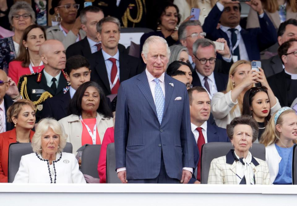 LONDON, ENGLAND - JUNE 05: (L-R) Camilla, Duchess of Cornwall, Prince Charles, Prince of Wales, and Princess Anne, Princess Royal attend the Platinum Pageant on June 05, 2022 in London, England. The Platinum Jubilee of Elizabeth II is being celebrated from June 2 to June 5, 2022, in the UK and Commonwealth to mark the 70th anniversary of the accession of Queen Elizabeth II on 6 February 1952. (Photo by Chris Jackson - WPA Pool/Getty Images)