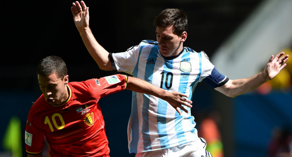 Hazard face à Messi lors du quart de finale du Mondial 2014 entre la Belgique et l’Argentine