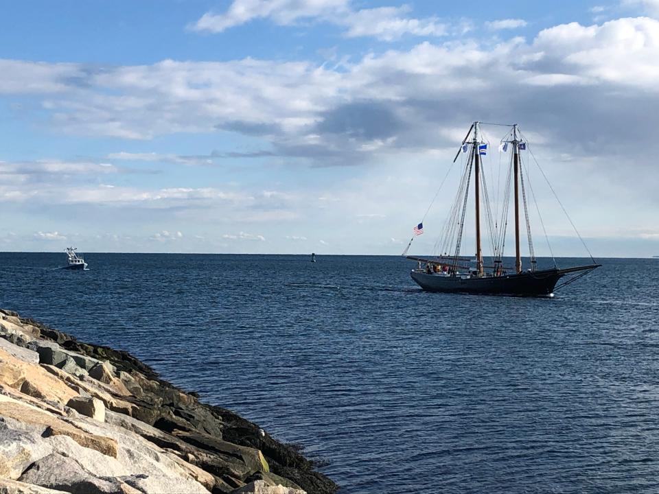The Schooner Ernestina-Morrissey approaches the Cape Cod Canal on her way to the Massachusetts Maritime Academy.