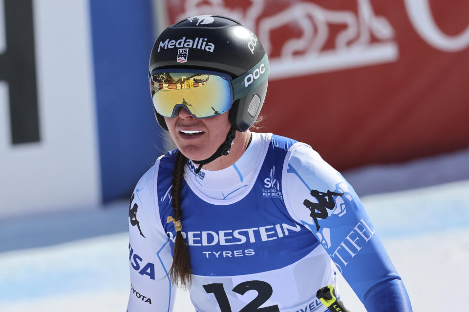 FILE - United States' Breezy Johnson gets to the finish area after completing the alpine ski, women's World Championship downhill, in Meribel, France, Saturday, Feb. 11, 2023. Johnson is under investigation by the U.S. Anti-Doping Agency and says she will not race during the case, which could lead to a two-year ban. “Out of respect for my fellow racers, I have decided not to compete until the matter is resolved," Johnson said in a statement on social media Saturday, Dec. 9, 2023, after she did not start at a World Cup downhill in St. Moritz, Switzerland. (AP Photo/Marco Trovati, File)