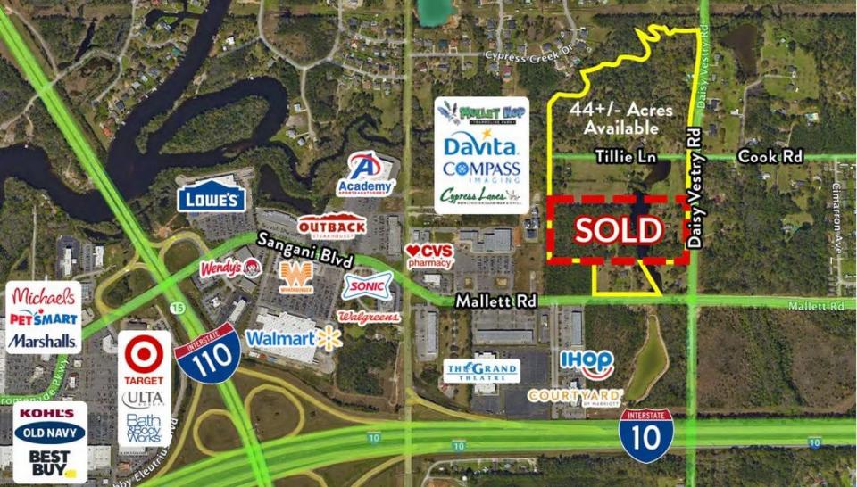 This map from Southeast Commercial Real Estate shows the location of a 44-acre site recently sold in D’Iberville. It is close to dozens of stores, restaurants and medical facilities.