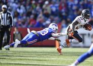 <p>Buffalo Bills strong safety Micah Hyde (23) tackles Chicago Bears’ Tarik Cohen (29) during the first half of an NFL football game Sunday, Nov. 4, 2018, in Orchard Park, N.Y. (AP Photo/Adrian Kraus) </p>
