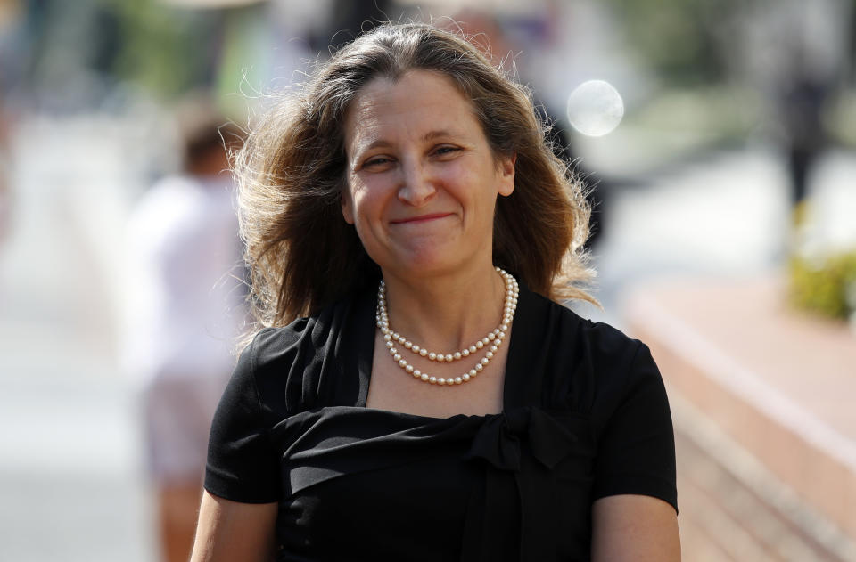 Canadian Foreign Affairs Minister Chrystia Freeland arrives at the Office of the United States Trade Representative, Wednesday, Sept. 19, 2018, in Washington. (AP Photo/Alex Brandon)