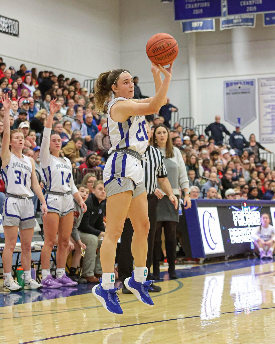 Suzie Hoffman (20) takes a 3-pointer and drained it to tie the score at 41 apiece with 6 minutes to play. The Lebanon Cedars took a short drive to south Lebanon to face the Cedar Crest Falcons in a LL League girls' basketball game on Friday, Jan. 5, 2024. The Cedars got past the Falcons 53-41.