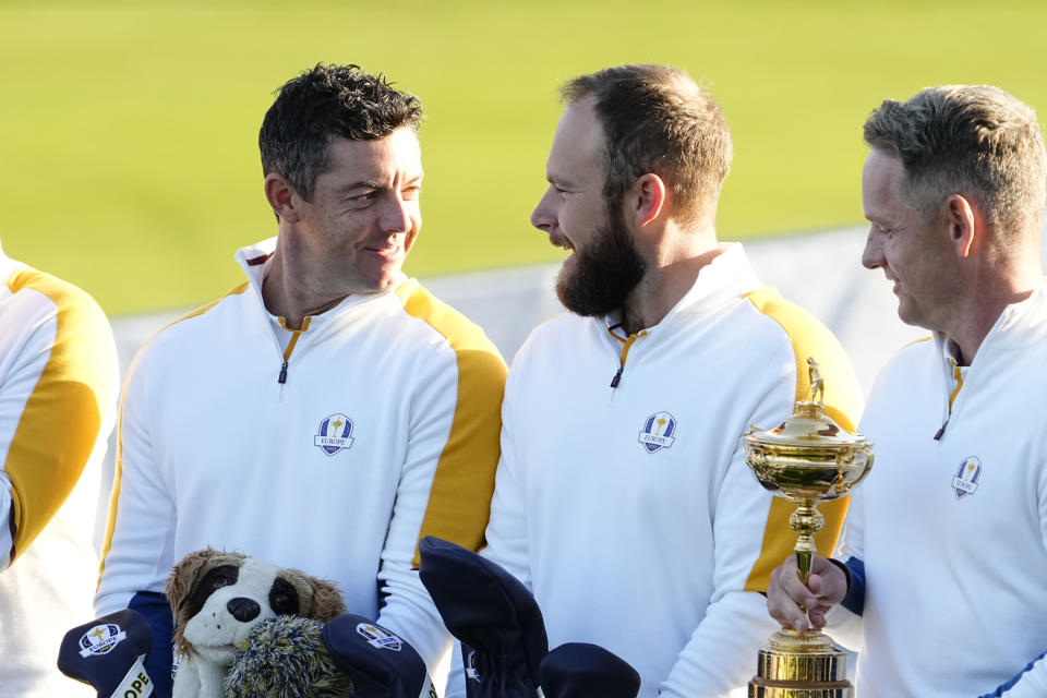 Team Europe golfer Rory McIlroy talks to golfer Tyrrell Hatton and captain Luke Donald during a team photo prior to a practice round of the Ryder Cup golf competition at Marco Simone Golf and Country Club. Mandatory Credit: Adam Cairns-USA TODAY Sports