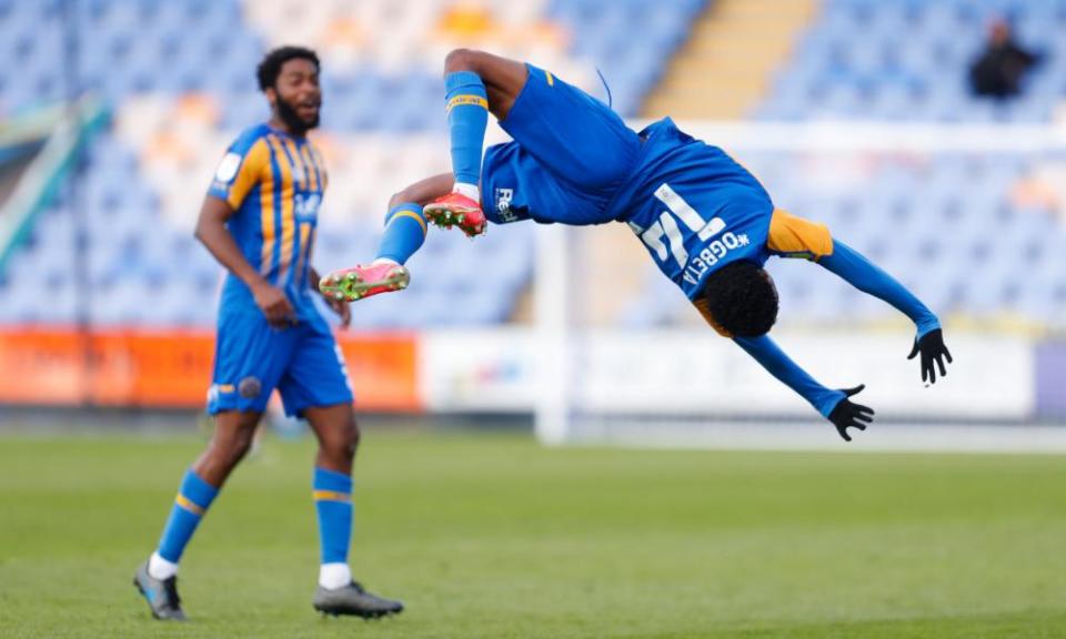 Nathanael Ogbeta celebrates after scoring for Shrewsbury against Plymouth in April.