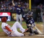 <p>Seattle Mariners catcher Tuffy Gosewisch, right, tags out Philadelphia Phillies’ Daniel Nava at home as Nava tried to score on a fly-out by Maikel Franco during the eighth inning of a baseball game, May 9, 2017, in Philadelphia. Seattle won 10-9. (Photo: Matt Slocum/AP) </p>