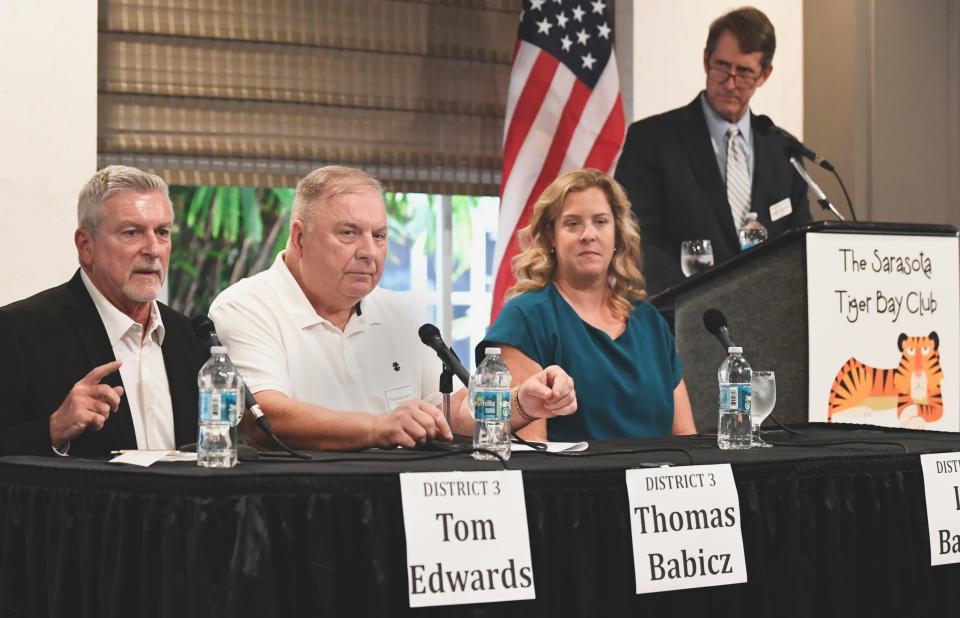 Sarasota County School Board's District 3 candidates Tom Edwards, Thomas Babicz and District 2 candidate Liz Barker with Sarasota Tiger Bay Club, board member and moderator Morgan Bentley.