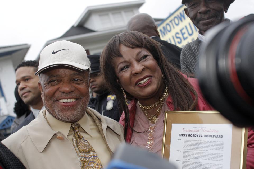 DETROIT – OCTOBER 19: Motown legend producer Berry Gordy (L) stands with fellow legend singer Martha Reeves (R) after the unveiling of a street sign named “Berry Gordy Boulevard” in front of the Motown Historical Museum October 19, 2007 in Detroit, Michigan. Also in attendance to celebrate the 50th anniversary of Motown was singer Smokey Robinson. (Photo by Bill Pugliano/Getty Images)