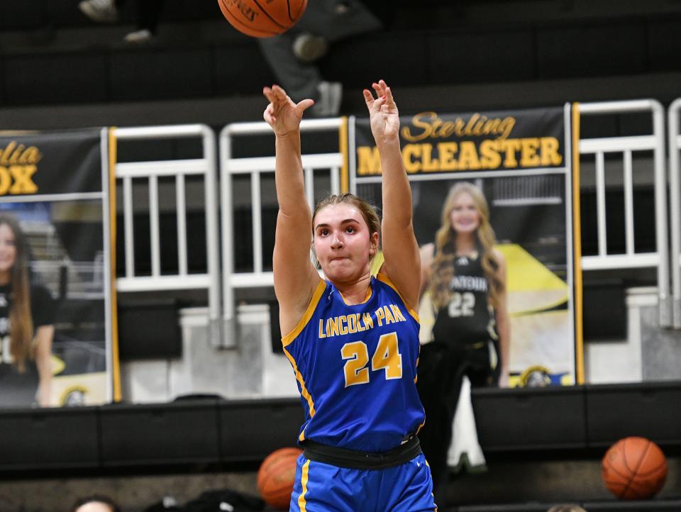 Lincoln Park’s Maddie Syka shoots during Thursday’s game at Montour High School.