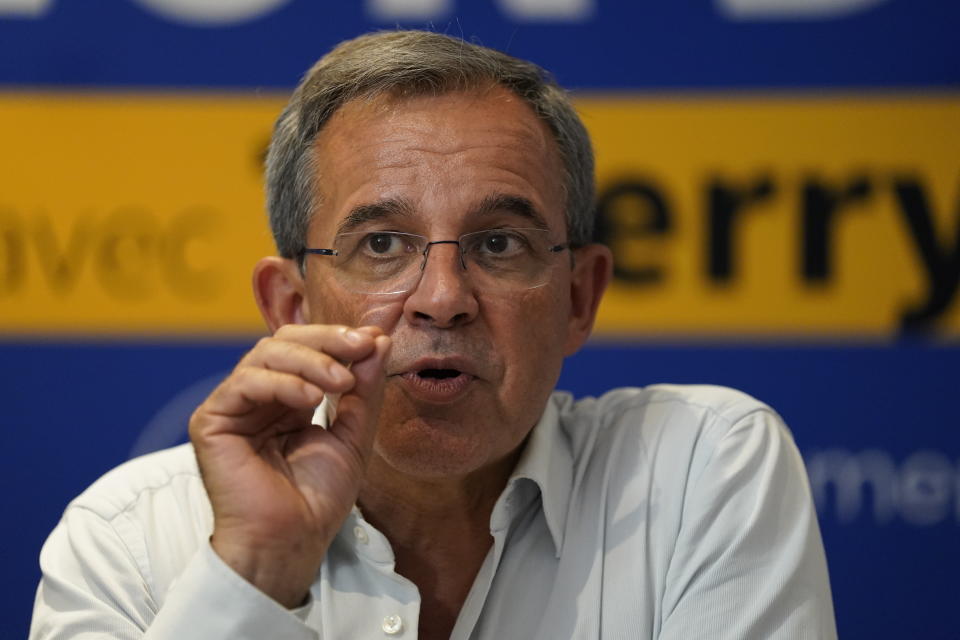 FILE - In this June 17, 2021, file photo, far-right local candidate Thierry Mariani holds a press conference in Toulon, southern France. Le Pen’s once-ascendant far-right party is struggling ahead of runoff elections for France's regional leadership. Its best chance of victory is Mariani, a European lawmaker who meets regularly with Syrian dictator Bashar al-Assad and celebrated Russia’s annexation of Crimea. (AP Photo/Daniel Cole, File)