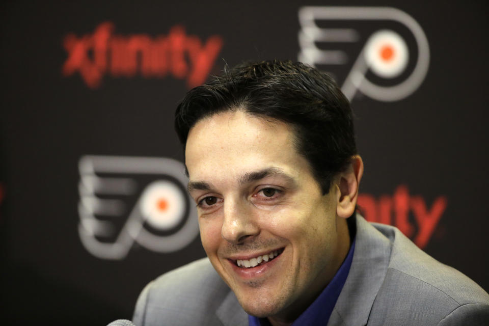 FILE - Danny Briere speaks during a news conference Tuesday, Aug. 18, 2015, in Voorhees, N.J. The Philadelphia Flyers have fired general manager Chuck Fletcher and promoted former franchise great Danny Briere to the interim job, according to a person familiar with the decision. The person spoke to The Associated Press on Friday, March 10, 2023, because the move had not officially been announced. (AP Photo/Matt Rourke, File)