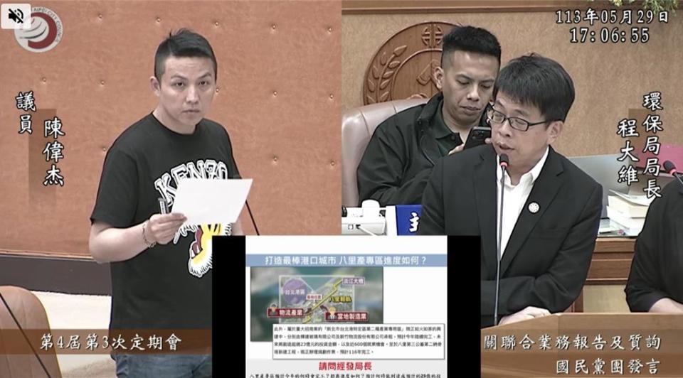 新北市議員陳偉杰29日針對八里產專區及沙崙文創園區的進度，向副市長及經發局長質詢。（新北市議員陳偉杰提供）