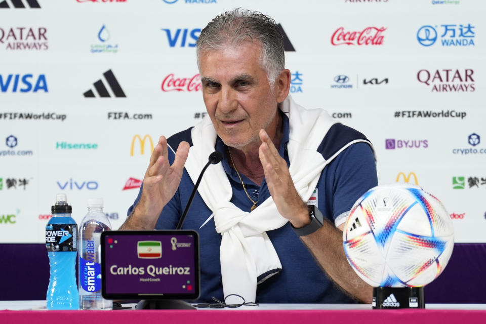 Iran's head coach Carlos Queiroz attends a press conference on the eve of the group B World Cup soccer match between Iran and the United States in Doha, Qatar, Monday, Nov. 28, 2022. (AP Photo/Ashley Landis)