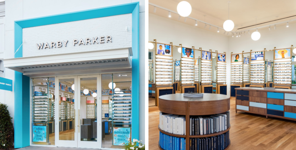 The interior and exterior of a Warby Parker store. Courtesy Photo