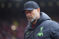Liverpool's manager Jurgen Klopp looks on ahead the English Premier League soccer match between Liverpool and Crystal Palace at Anfield Stadium in Liverpool, England, Sunday, April 14, 2024. (AP Photo/Jon Super)
