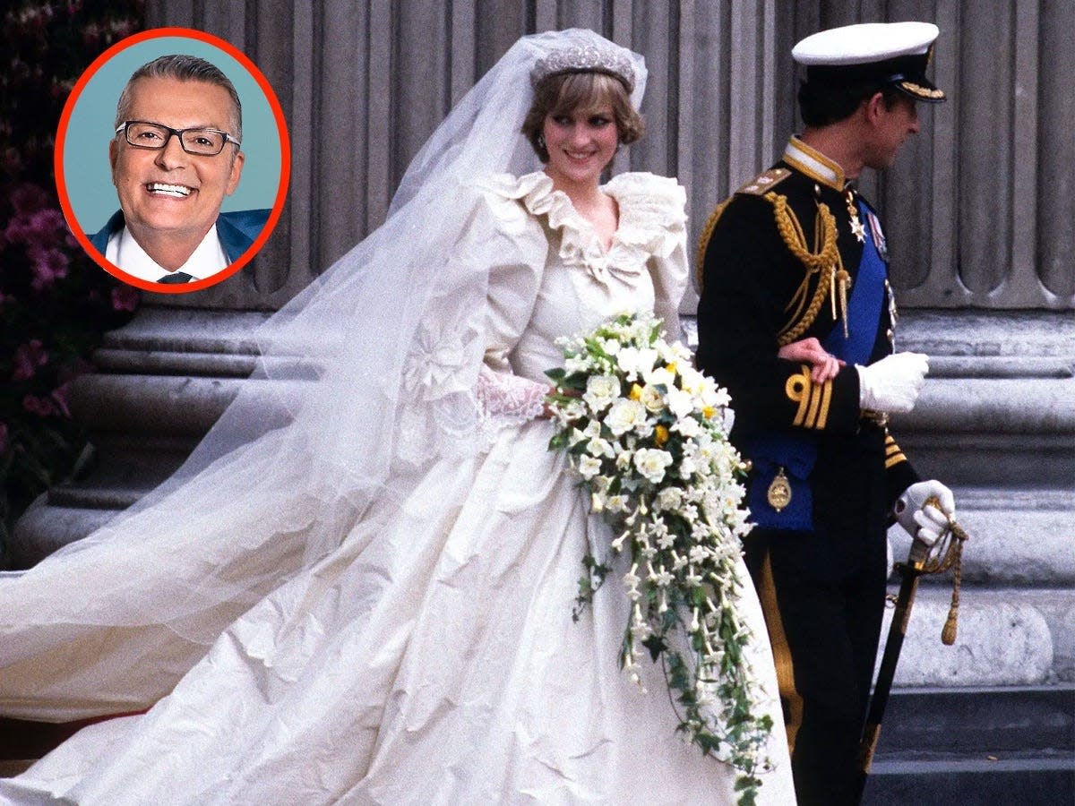 A photo of Princess Diana and Prince Charles on their wedding day with an inset of Randy Fenoli.