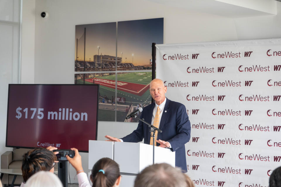 Todd Rasberry, WT Vice President for Philanthropy and External Relations, speaks to the audience Thursday morning at the WT One West Campaign Announcement at the Bain-Schaeffer Buffalo Stadium in Canyon.