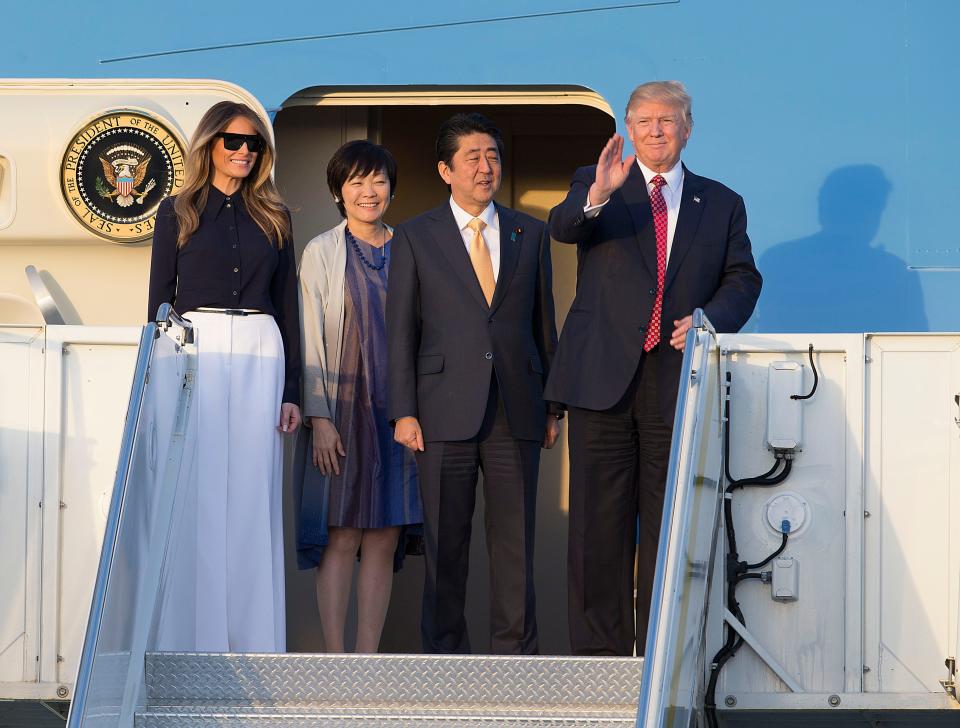 Hosting world leaders at Mar-a-Lago isn't new for President Donald Trump, shown here in February at Palm Beach International Airport with Japanese Prime Minister Shinzo Abe, first lady Melania Trump and the prime minister's wife, Akie Abe. 