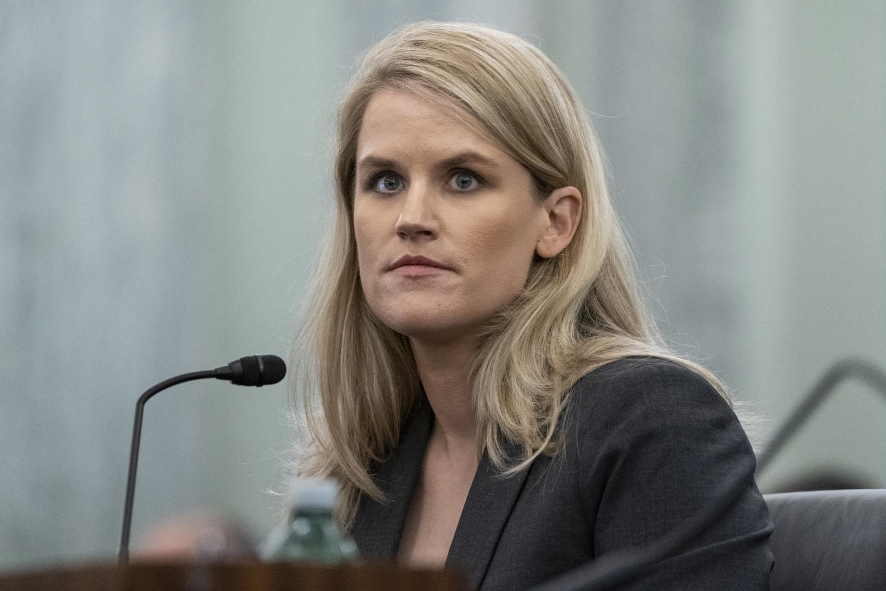 Former Facebook data scientist Frances Haugen speaks during a hearing of the Senate Commerce, Science, and Transportation Subcommittee on Consumer Protection, Product Safety, and Data Security, on Capitol Hill, Tuesday, Oct. 5, 2021, in Washington. (AP Photo/Alex Brandon)