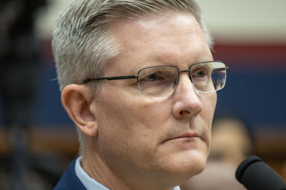 U.S. Coast Guard Vice Admiral Peter Gautier, Deputy Commandant for Operations, attends a House Committee on Transportation and Infrastructure hearing on the federal response to the Francis Scott Key Bridge collapse, Wednesday, May 15, 2024, on Capitol Hill in Washington. (AP Photo/Jacquelyn Martin)