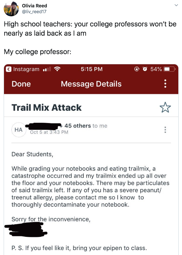 Email from a professor titled trail mix attack about how they spilled trailmix all over every single student's papers