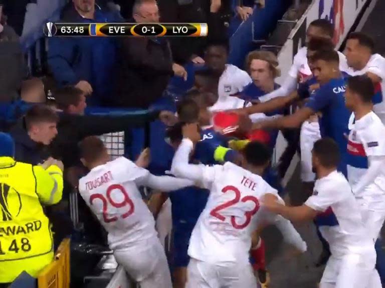 Everton fan who tried to hit Lyon player while holding his son blames players and club for allowing incident to happen