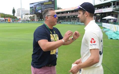 Mark Wood of England listens to former player and TalkSport commentator Darren Gough before Day Four of the Third Test between South Africa and England at St George's Park - Credit: Stu Forster/Getty Images