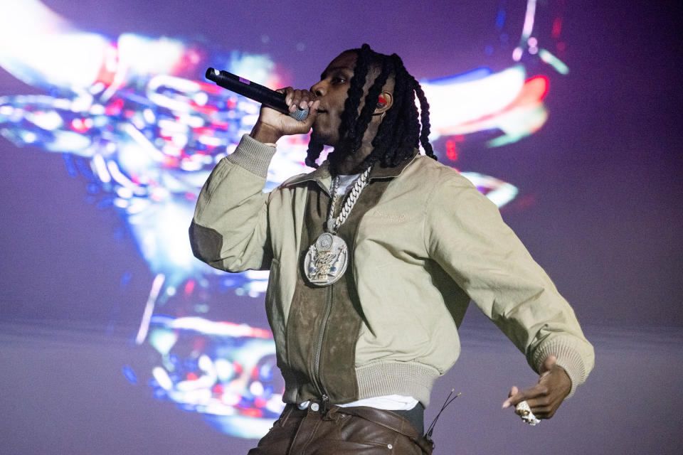 INGLEWOOD, CALIFORNIA – MARCH 05: Polo G performs during 2023 Rolling Loud Los Angeles at Hollywood Park Grounds on March 05, 2023 in Inglewood, California.