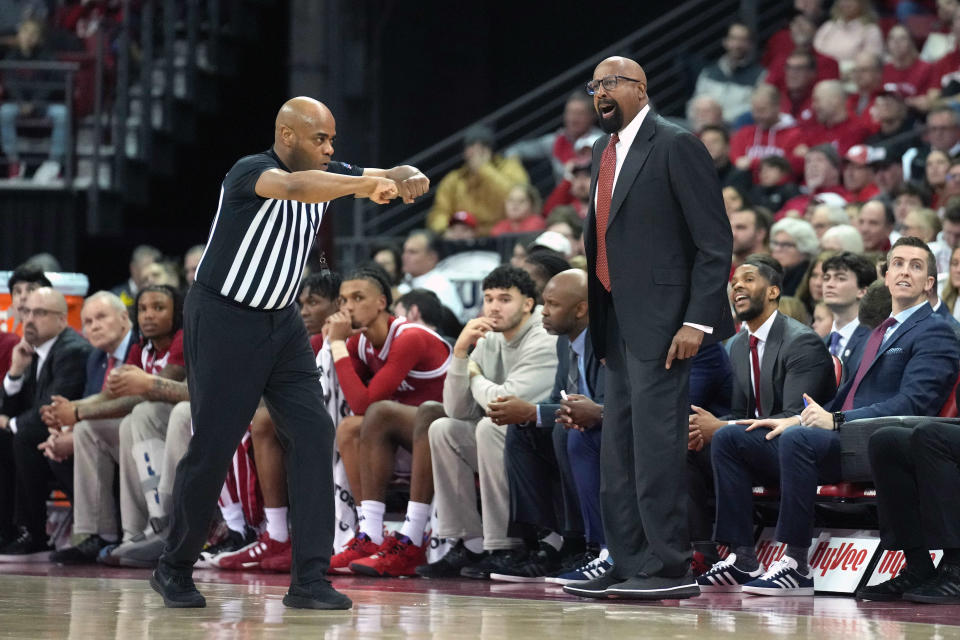 Jan 19, 2024; Madison, Wisconsin, USA; Indiana Hoosiers head coach Mike Woodson reacts to the officials call during the first half against the Wisconsin Badgers at the Kohl Center. Mandatory Credit: Kayla Wolf-USA TODAY Sports